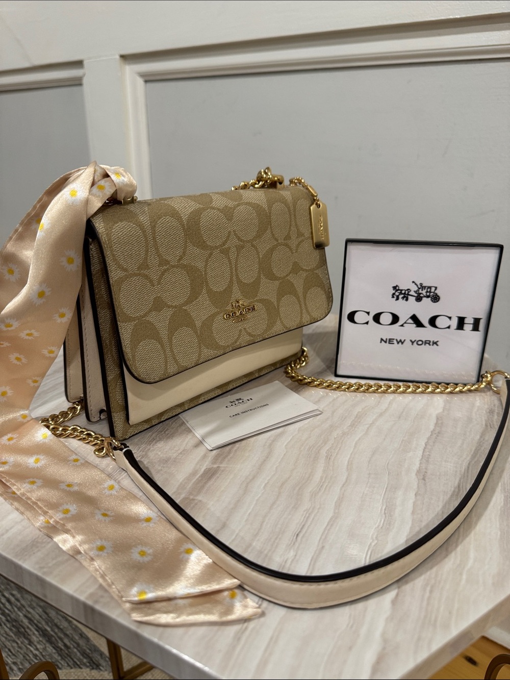 Coach Bag Mini Klare Signature Tan Cream Logo Crossbody Bag with Gold Chain